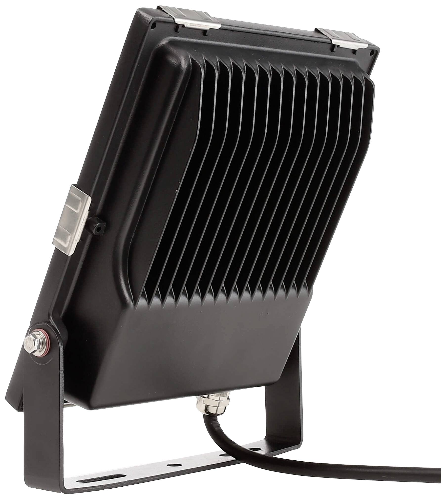 LED-Strahler mit Metallgehäuse, Befestigungshalterung und Anschlusskabel. Rückansicht zeigt geripptes Design.
