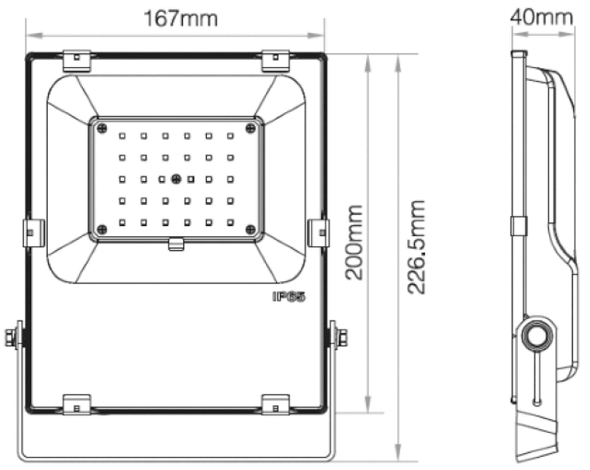 Technische Zeichnung eines rechteckigen LED-Strahlers mit Gehäuse. Vorder- und Seitenansicht sind dargestellt. Maße: 167 mm Breite, 40 mm Tiefe, 226,5 mm Höhe. Schutzart IP65.