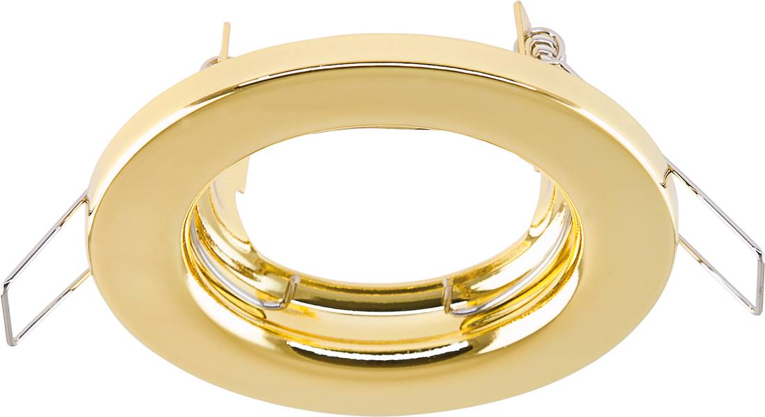 Goldene, versenkte Deckenleuchte mit Spannfedern, von vorne auf weißem Hintergrund gezeigt.