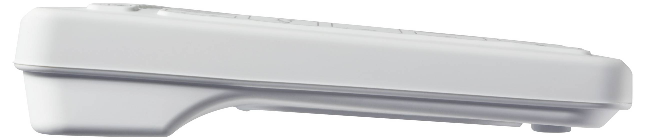 Seitliche Ansicht einer weißen Fernbedienung mit Tasten auf der Oberseite und glattem Design.