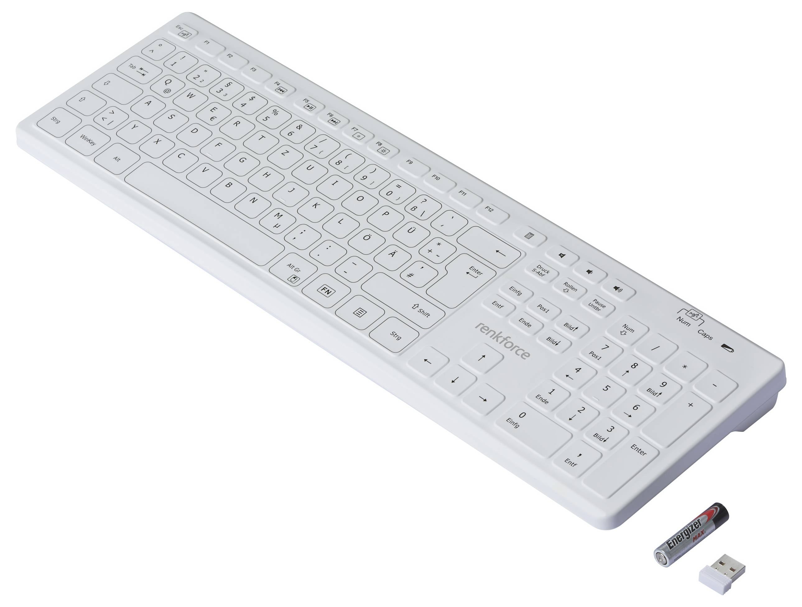 Weiße kabellose Tastatur mit USB-Empfänger und Batterie, geeignet für Computer.