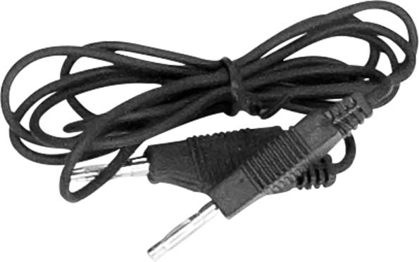 Ein schwarzes Anschlusskabel mit zwei Metallsteckern an den Enden, geeignet zum Verbinden elektronischer Geräte.