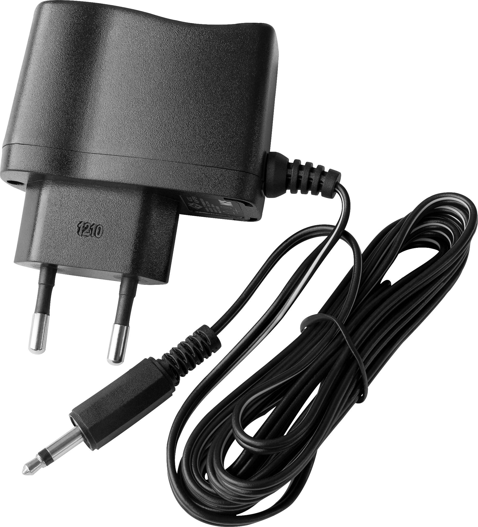 Schwarzes Netzteil mit EU-Stromstecker und langem Kabel, das in einen 3,5-mm-Klinkenstecker endet.