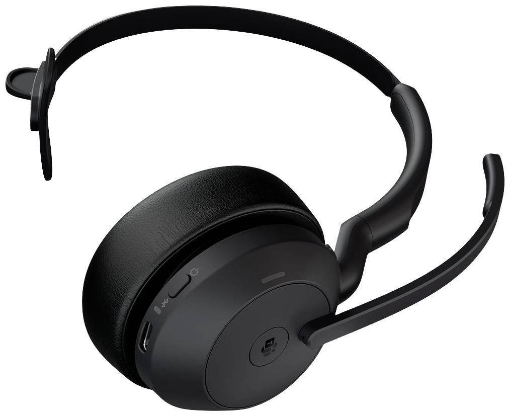 Ein schwarzes, kabelloses Headset mit Mikrofonarm. Geeignet für Telefonate und Musik, bietet Komfort und Bewegungsfreiheit.