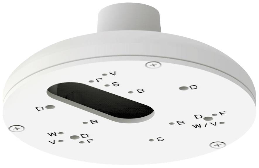 Runder, weißer Deckenanschlusskasten mit Schraubenlöchern, Beschriftungen für Kabelanschlüsse: 'D', 'B', 'V', 'F', 'S'.