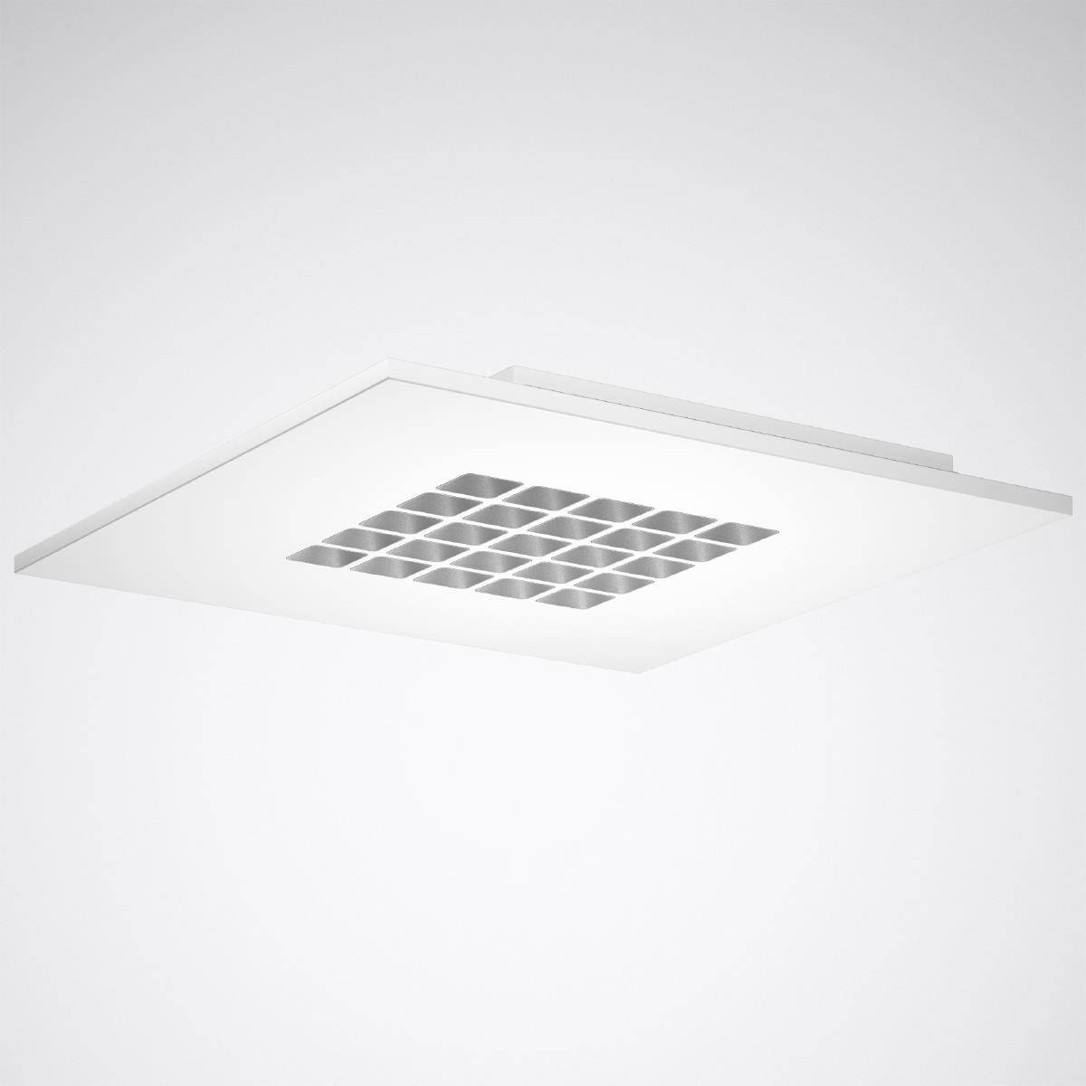 Weiße, quadratische LED-Deckeneinbauleuchte mit einem zentralen Rasterdesign vor einem neutralen Hintergrund.