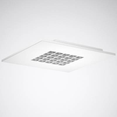 Weiße, quadratische LED-Deckeneinbauleuchte mit einem zentralen Rasterdesign vor einem neutralen Hintergrund.
