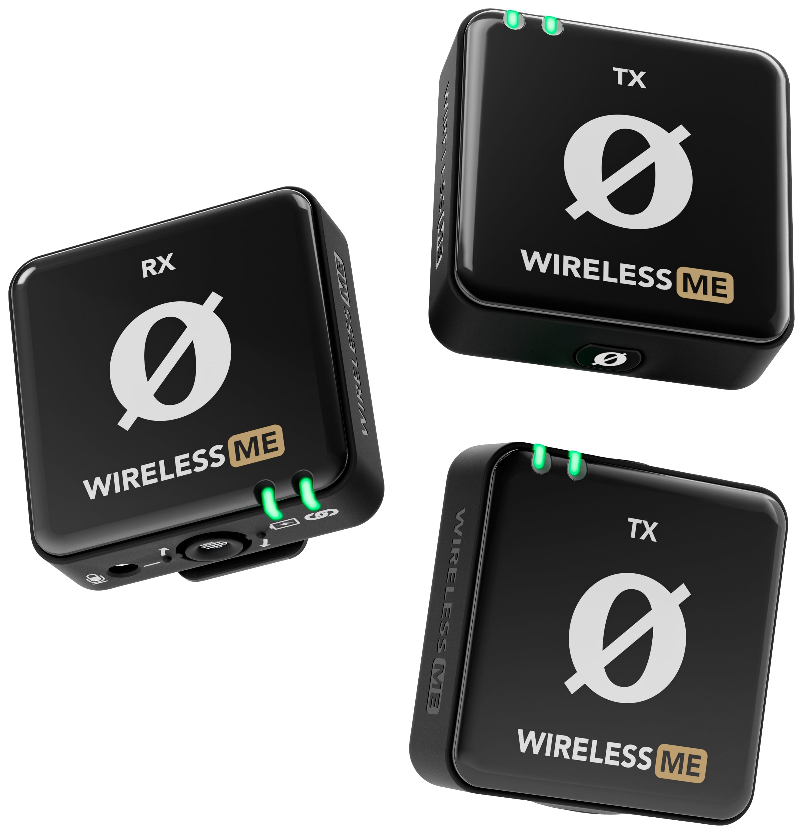 Drei schwarze drahtlose Audio-Transmitter und -Empfänger, jeweils mit 'Wireless ME'-Aufschrift und leuchtenden Indikatoren.