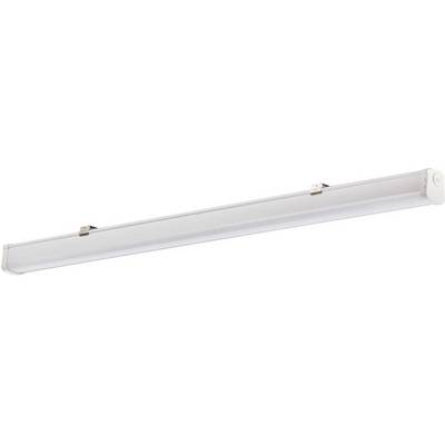 Eine weiße LED-Röhrenleuchte mit stromlinienförmigem Design, befestigt mit Metallklammern, geeignet für Deckenmontage.
