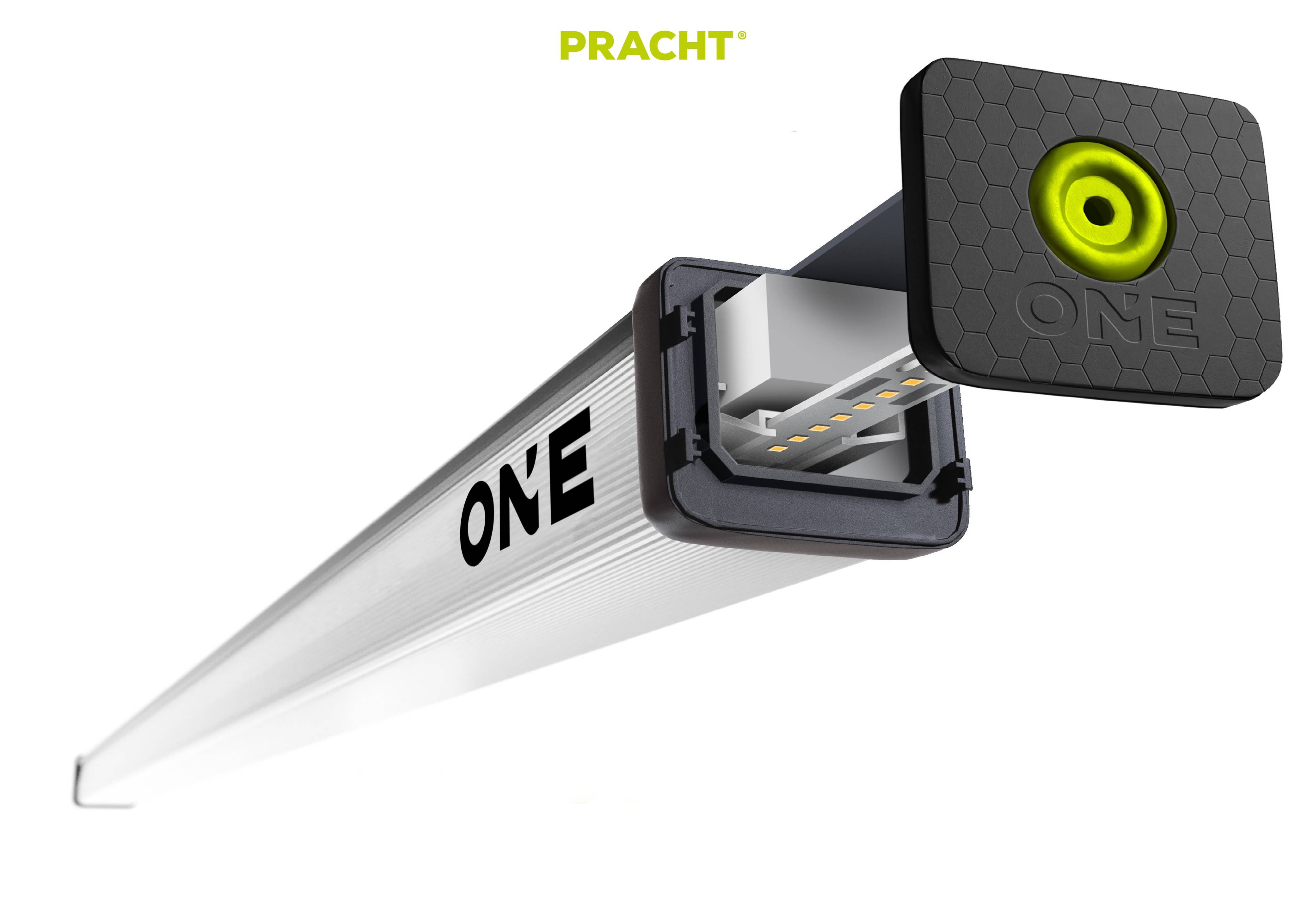 LED-Leuchte mit dem Schriftzug 'ONE' an der Seite. Das Design zeigt eine detaillierte Ansicht der Leuchte mit geöffnetem Ende.