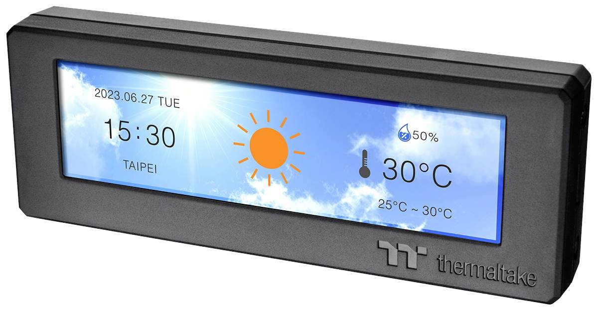 Ein elektronisches Display zeigt Wetterinformationen: Datum '2023.06.27', Uhrzeit '15:30', Ort 'Taipei', Temperatur '30°C', Symbol für sonniges Wetter.