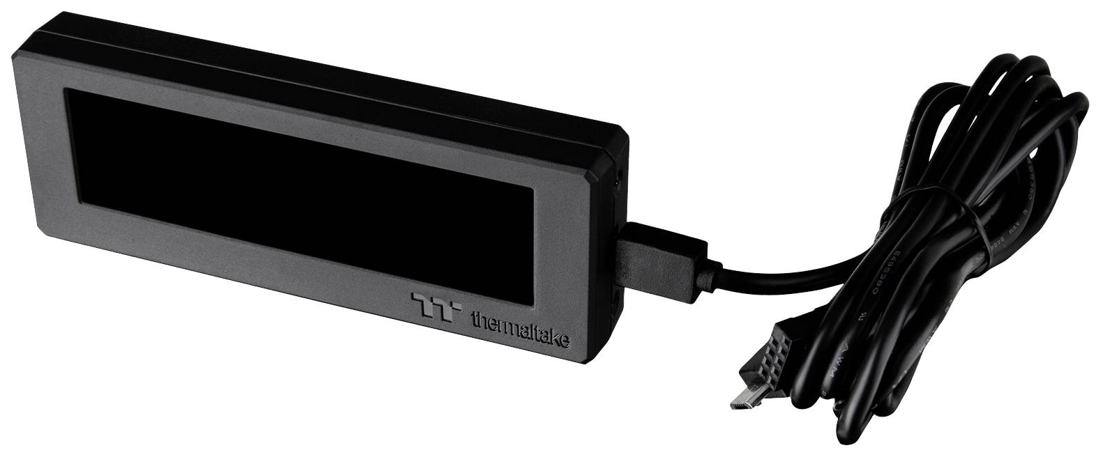 Ein rechteckiges, schwarzes Thermaltake-Gerät mit USB-Kabel.
