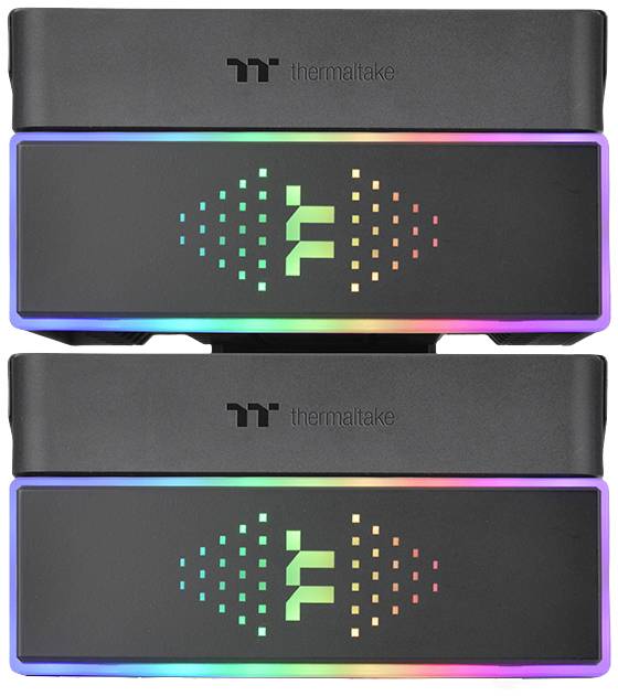 Zwei schwarze, mit RGB-LEDs beleuchtete PC-Komponenten von Thermaltake, in einander gestapelter Anordnung, mit leuchtendem 'F'-Logo.