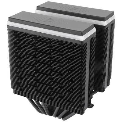 Ein schwarzer CPU-Kühler mit mehreren Aluminiumlamellen und Heatpipes. Er ist vertikal aufgestellt und dient zur Kühlung von Computerprozessoren.