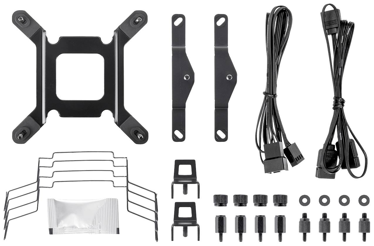 Montagezubehör für einen CPU-Kühler: Montagerahmen, Schrauben, Klammern, Halterungen und Kabel. Ideal für PC-Bastler.