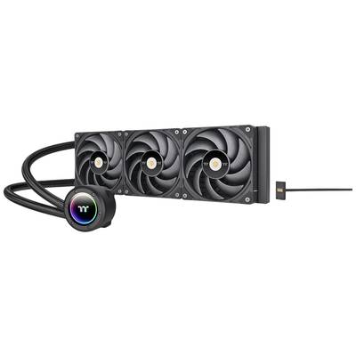 Ein dreifacher PC-Kühler mit Lüftern und einem versiegelten Wasserkreislauf. Ein rundes Steuergerät zeigt das Logo mit RGB-Beleuchtung.