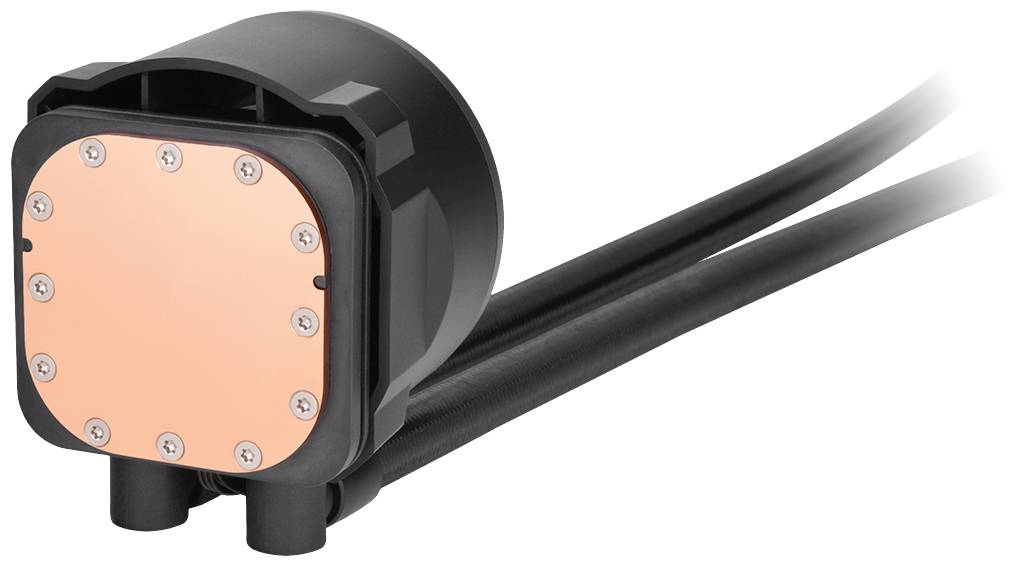 Eine schwarze und kupferfarbene Computer-Wasserkühlungspumpe mit zwei angeschlossenen Schläuchen für Kühlmittelfluss.