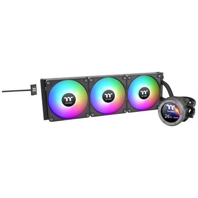 Ein Computer-Wasserkühler mit drei RGB-Lüftern und einem Display zeigt eine Temperatur von 26°C an. Geeignet für leistungsstarke PC-Systeme.