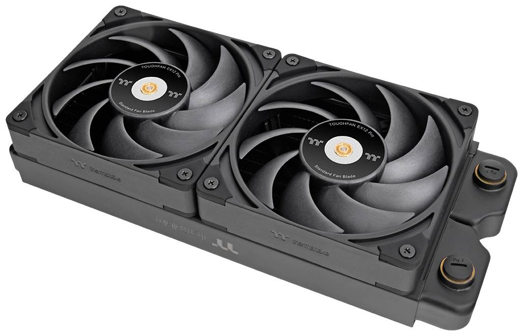 Grafikkartenkühler mit zwei großen Lüftern und schwarzem Gehäuse, geeignet für Hochleistungs-Gaming-PCs oder Workstations.