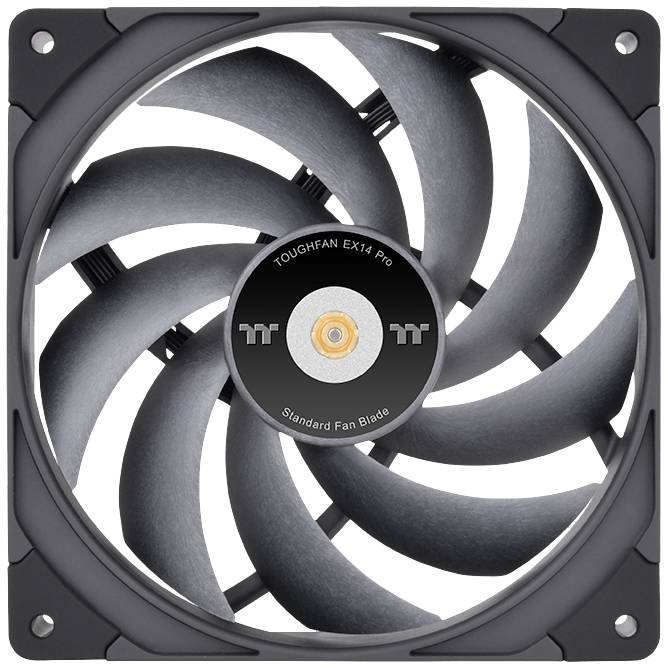 Ein schwarzer Computerlüfter mit mehreren Flügeln, beschriftet mit 'TOUGHFAN EX14 Pro' und 'Standard Fan Blade' in der Mitte.