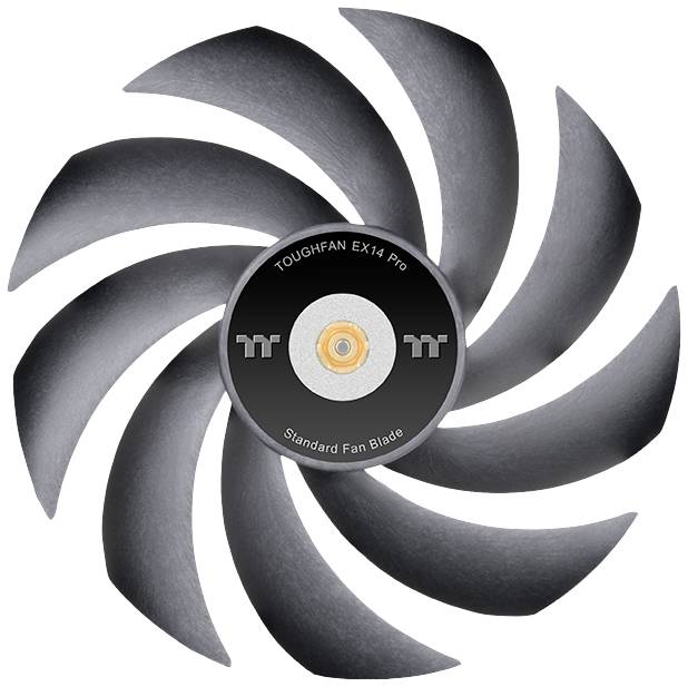 Ein schwarzer Lüfter mit neun geschwungenen Flügeln für Computergeräte, beschriftet mit 'TOUGHFAN EX14 Pro Standard Fan Blade'.