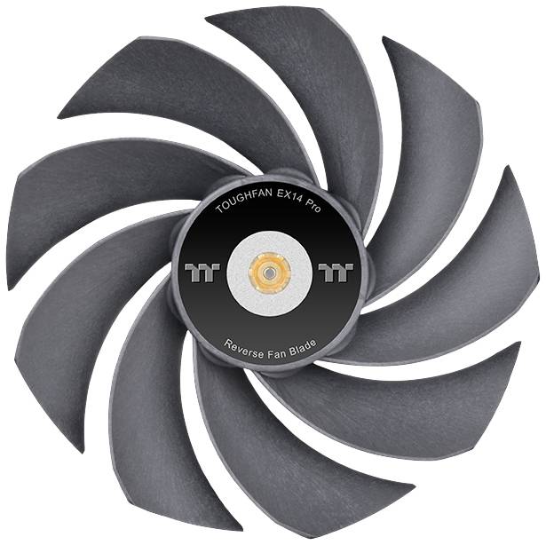 Schwarzer Lüfter mit neun gebogenen Flügeln, in der Mitte das Logo und der Text 'TOUGHFAN EX14 Pro' und 'Reverse Fan Blade'.