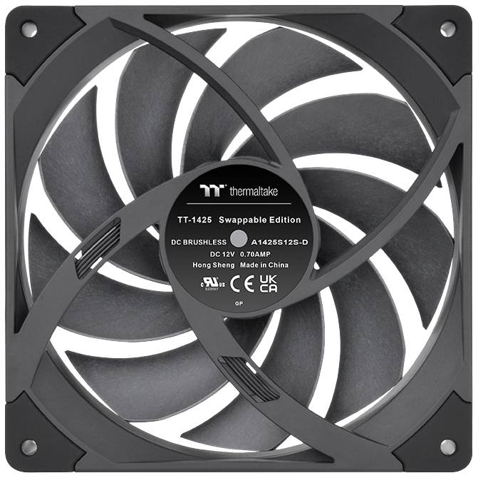 Ein schwarzer Computerlüfter der Marke Thermaltake, Modell TT-1425 Swappable Edition, mit Spezifikationen auf der Lüfternabe.