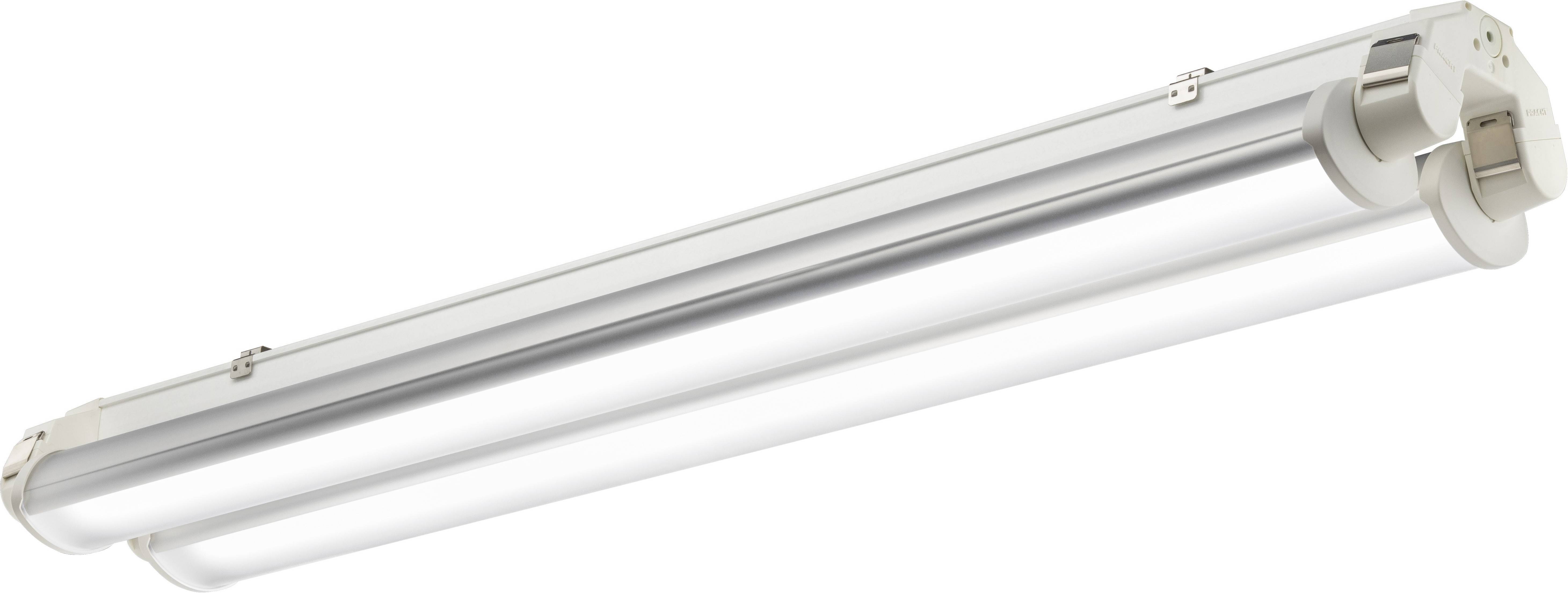 Eine weiße LED-Leuchtstoffröhre in einem silbernen Gehäuse, geeignet für Deckenmontage in industriellen oder gewerblichen Räumen.