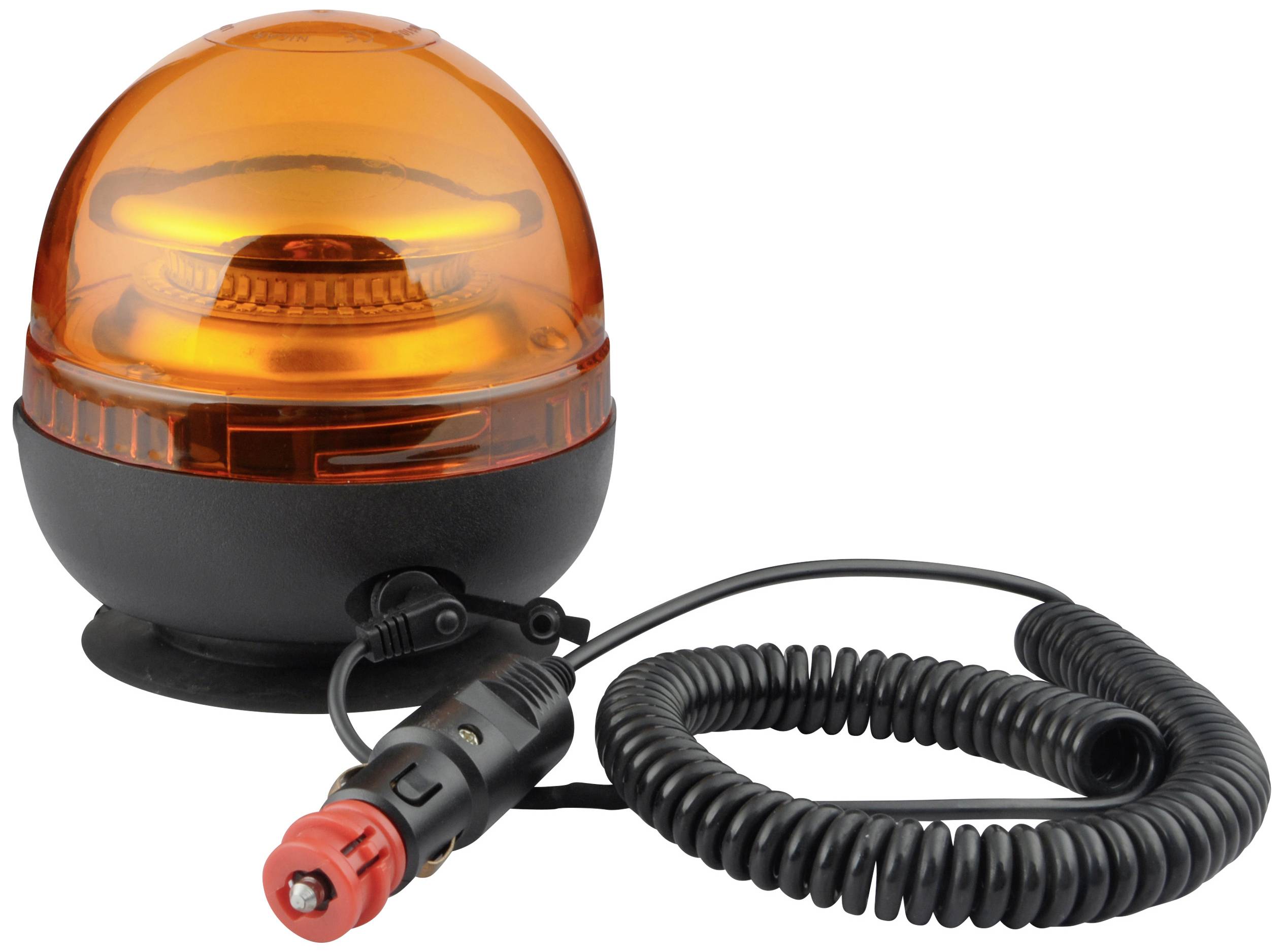 Orange Rundumleuchte mit schwarzem Sockel und Spiralkabel, das an einen Zigarettenanzünder-Stecker angeschlossen ist.