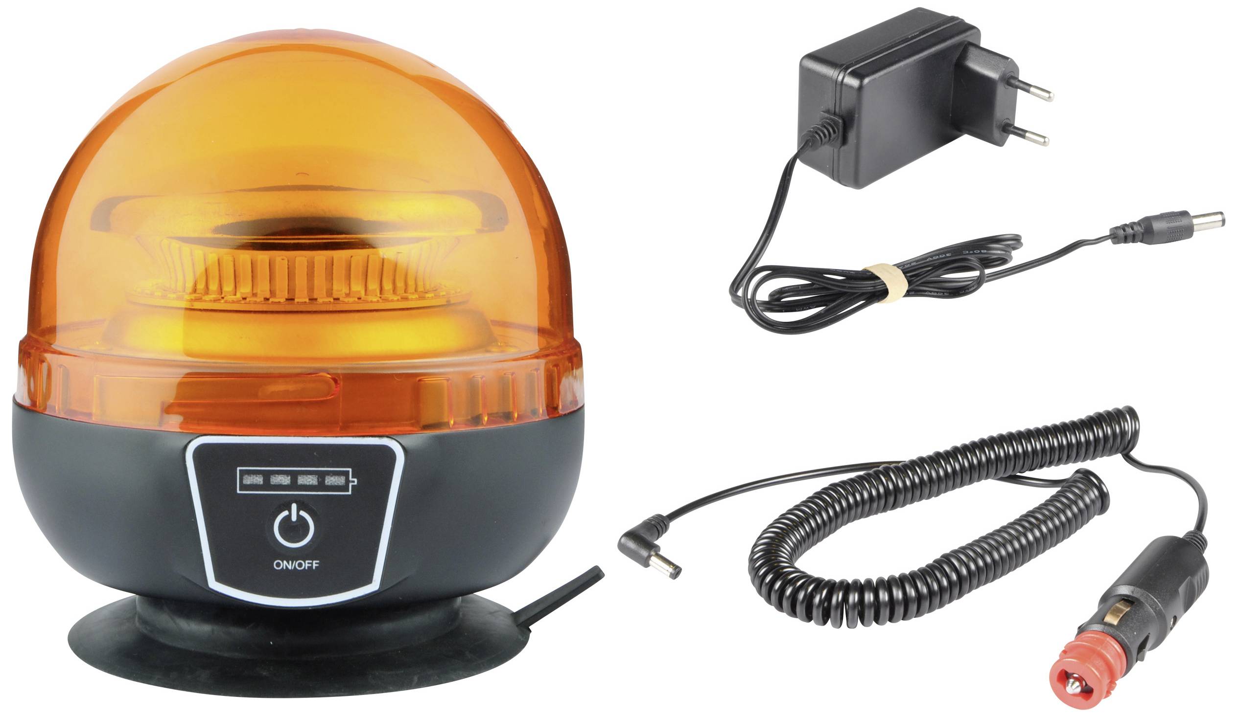 Blitzlicht in orange mit Ladekabel und Adapter, geeignet für Fahrzeuge. Ideal für Notfälle oder Warnzwecke auf der Straße.