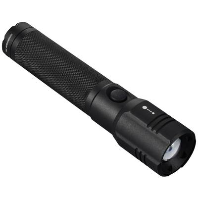 Schwarze Taschenlampe mit strukturierter Oberfläche und Ein-/Ausschalter an der Seite.