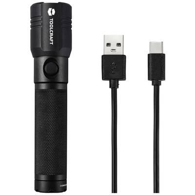 Eine schwarze Taschenlampe neben einem USB-C-Ladekabel.