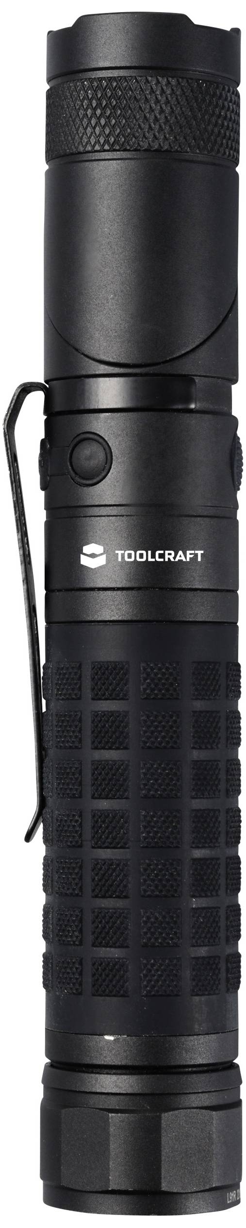 Schwarze Taschenlampe mit gerilltem Griff und Clip. 