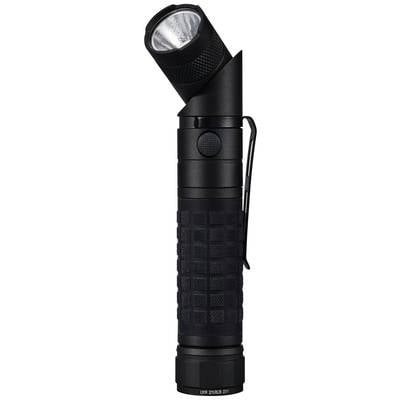 Eine schwarze, taktische Taschenlampe mit schwenkbarem Kopf und seitlichem Druckknopf, ideal für vielseitige Beleuchtung.