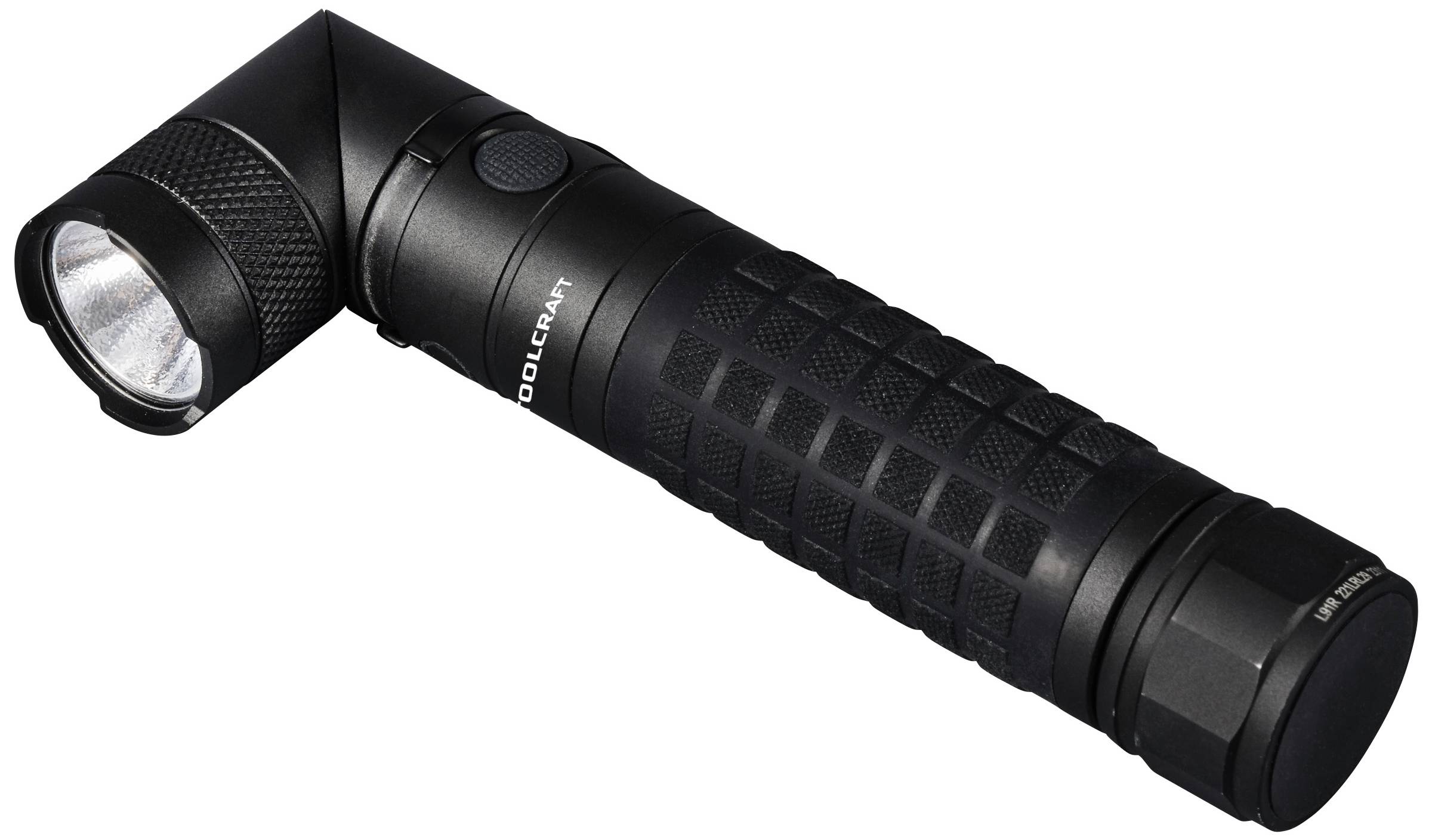 Schwarze Taschenlampe mit abgewinkeltem Kopf und geriffeltem Griff, liegend auf weißem Hintergrund.