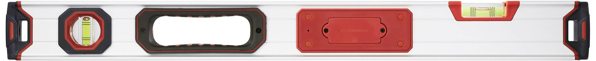 Wasserwaage mit vier Vials zum Nivellieren. Enthält runde und rechteckige Vials zur Darstellung der horizontalen und vertikalen Ausrichtung.