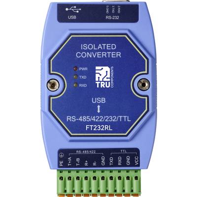 'Blauer USB-Isolationskonverter mit RS-485/422/232/TTL-Anschlüssen. Zeigt Status-LEDs für Stromversorgung, TXD und RXD.'