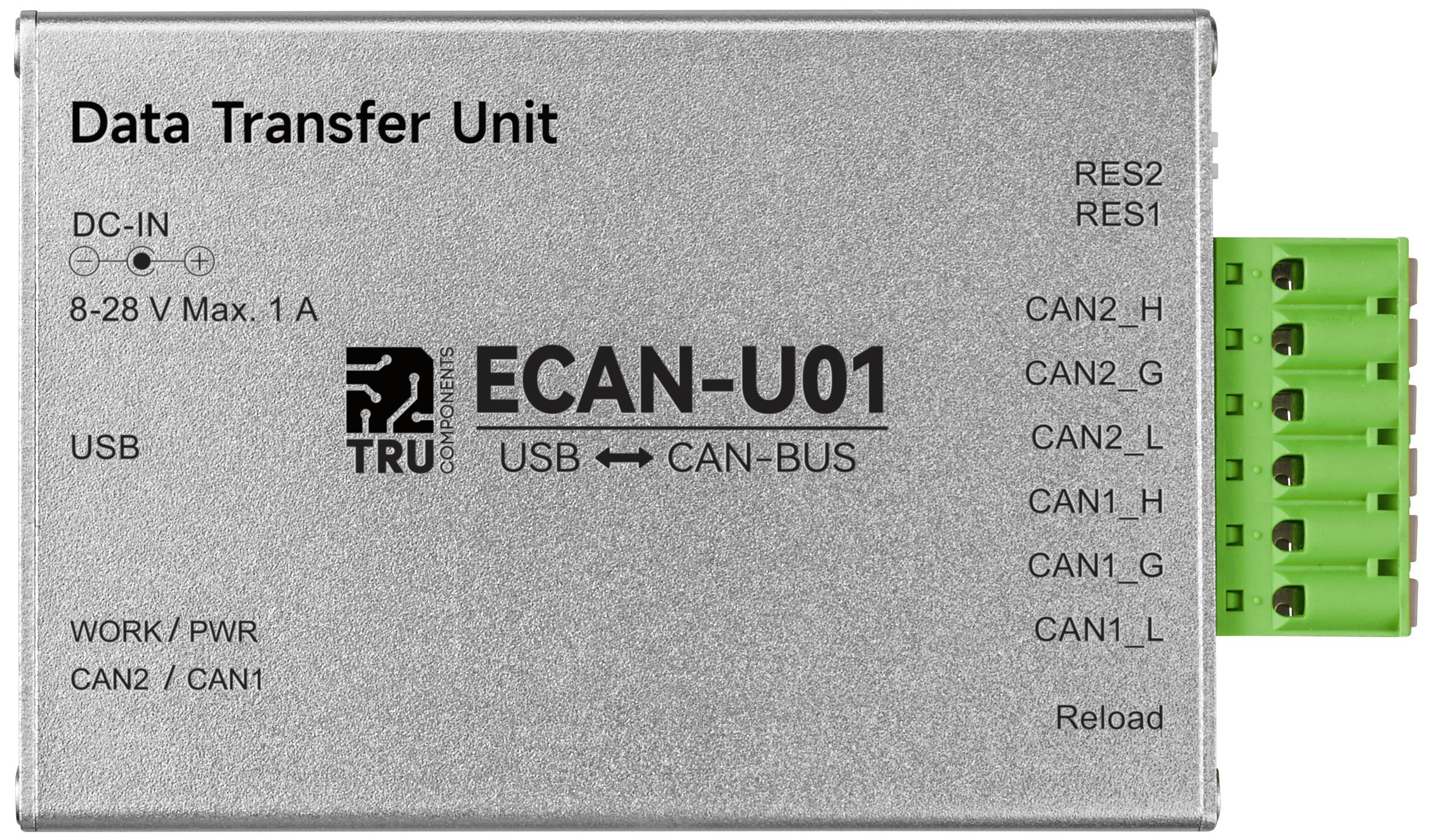 Das Bild zeigt eine Datenübertragungseinheit ECAN-U01 mit Anschlüssen für USB und CAN-BUS. Aufdrucke zeigen "DC-IN", "USB", "CAN2/CAN1".