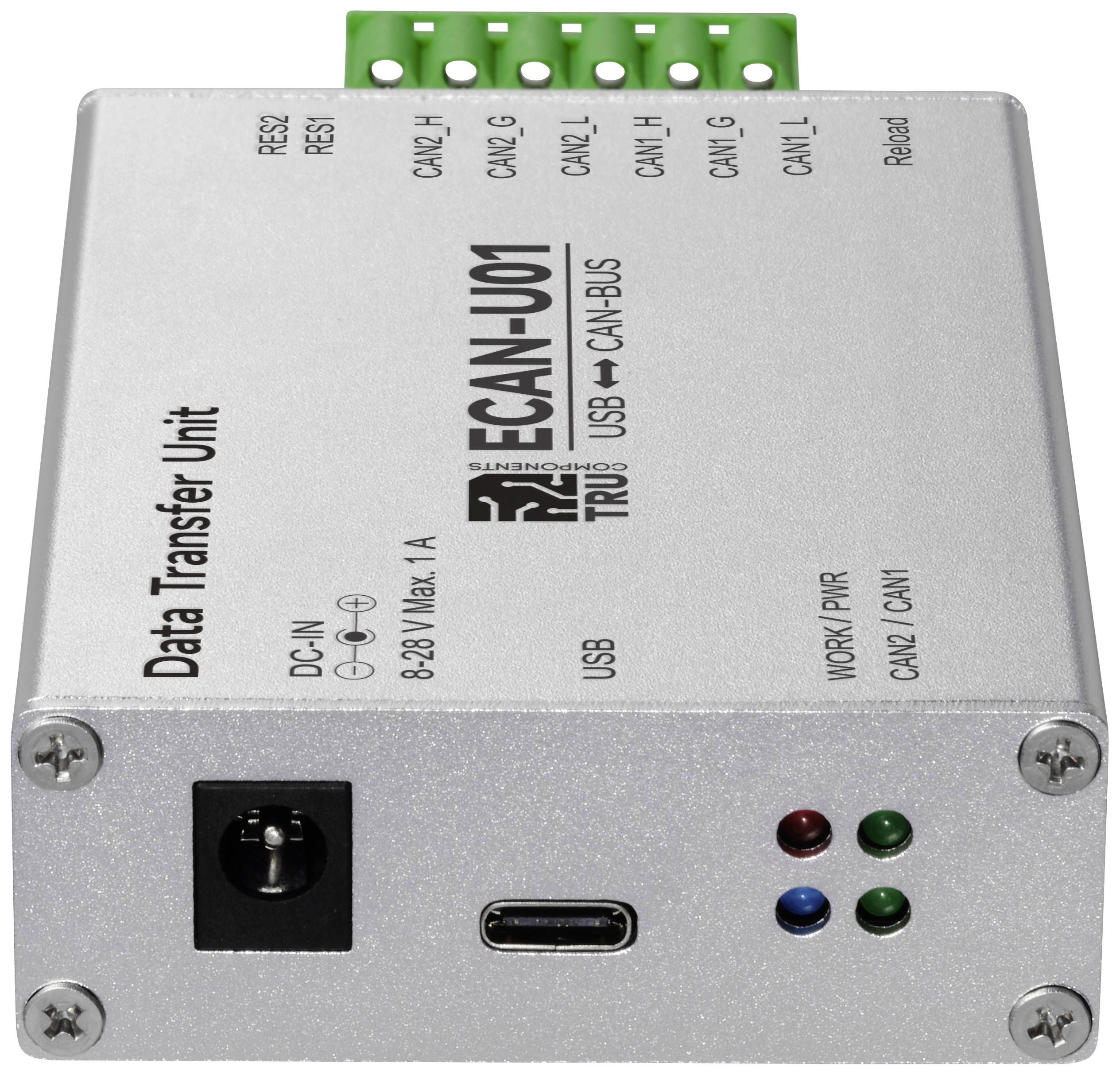 Ein silbernes Datenübertragungsgerät mit USB-Anschluss und mehreren grünen Steckverbindungen. Auf der Oberseite steht 'ECAN-U01'.