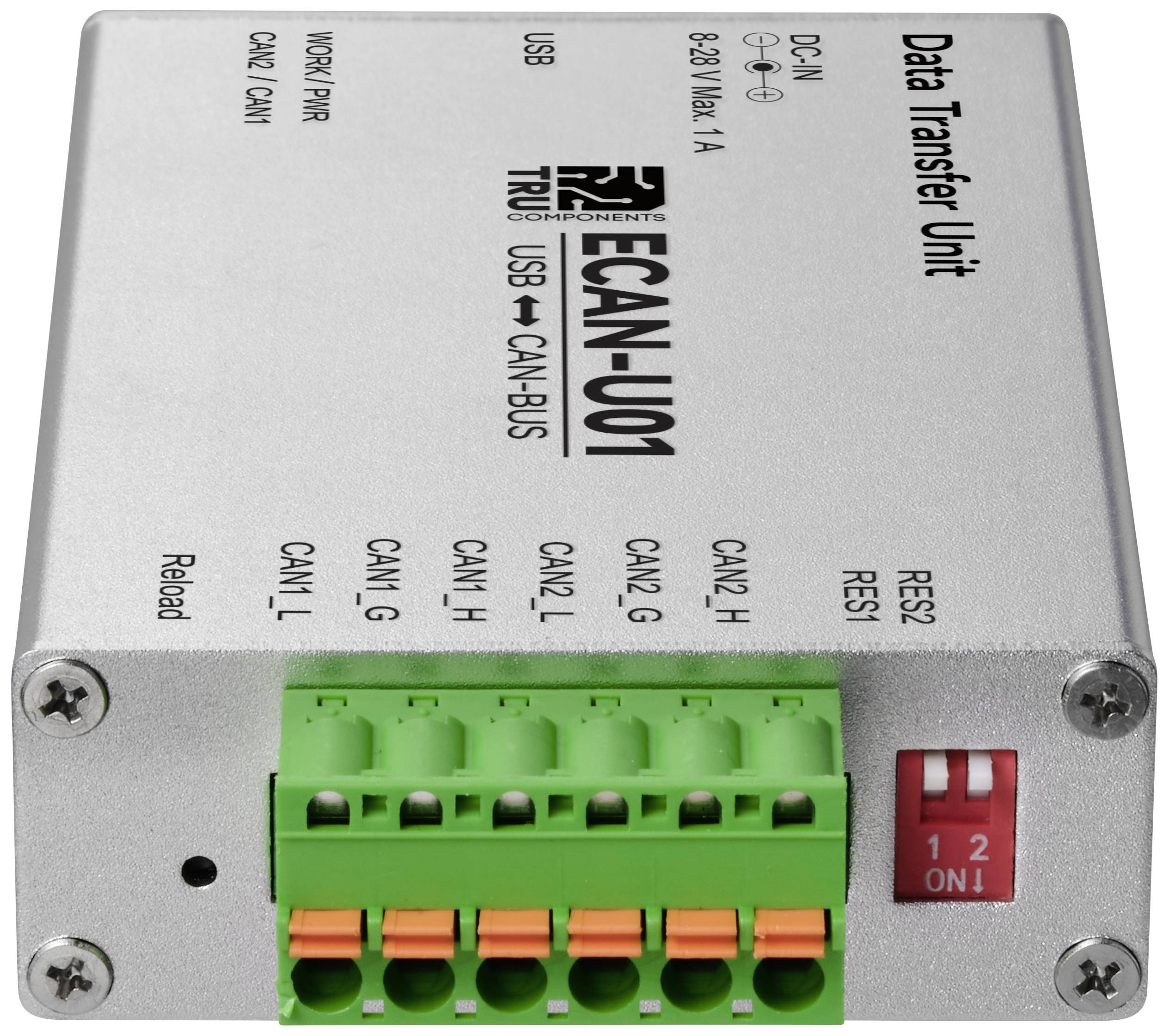 Ein silbernes Datenübertragungsgerät mit grünen Anschlussklemmen und Beschriftungen für USB und CAN-BUS. Schalter mit Position 1 oder 2.