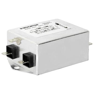Ein rechteckiger, metallischer Netzfilter mit zwei elektrischen Anschlüssen und aufgedrucktem Schaltbild. Herstellername sichtbar.