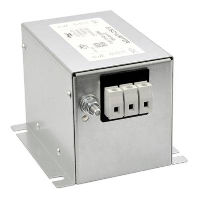 Metallgehäuse mit drei elektrischen Anschlüssen, montiert auf einer Halterung. Eignet sich für den Einbau in elektronische Geräte.