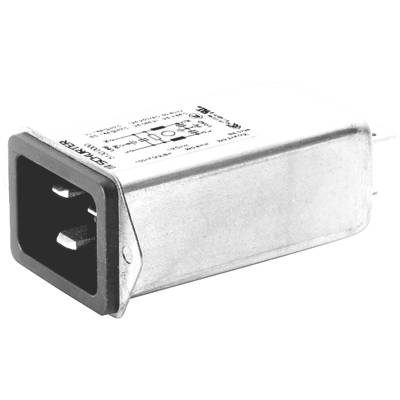 Ein rechteckiger elektrischer Netzfilter in einem Metallgehäuse mit drei Stiften auf einer Seite und technischen Daten darauf gedruckt.