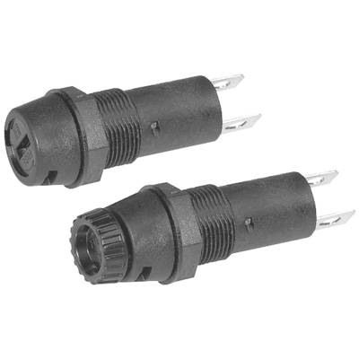 Zwei schwarze Sicherungshalter mit Klemmen für elektrische Verbindungen, dargestellt in seitlicher Ansicht.