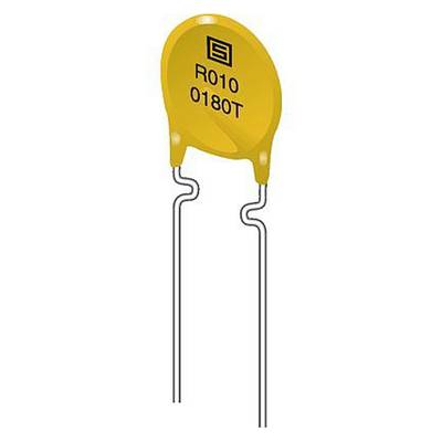 Gelber PTC-Thermistor mit Aufschrift 'R010 0180T', zwei gebogene Anschlussdrähte unten. Hauptsächlich zur Überstromschutz verwendet.