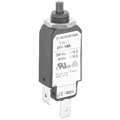 Ein Schalter von Schurter mit den Aufschriften ‘T11’, ‘211 10A’, ‘240 Vac ≤ 16 A’, ‘48 Vdc ≤ 16 A’. Ein Sicherungssymbol ist abgebildet.