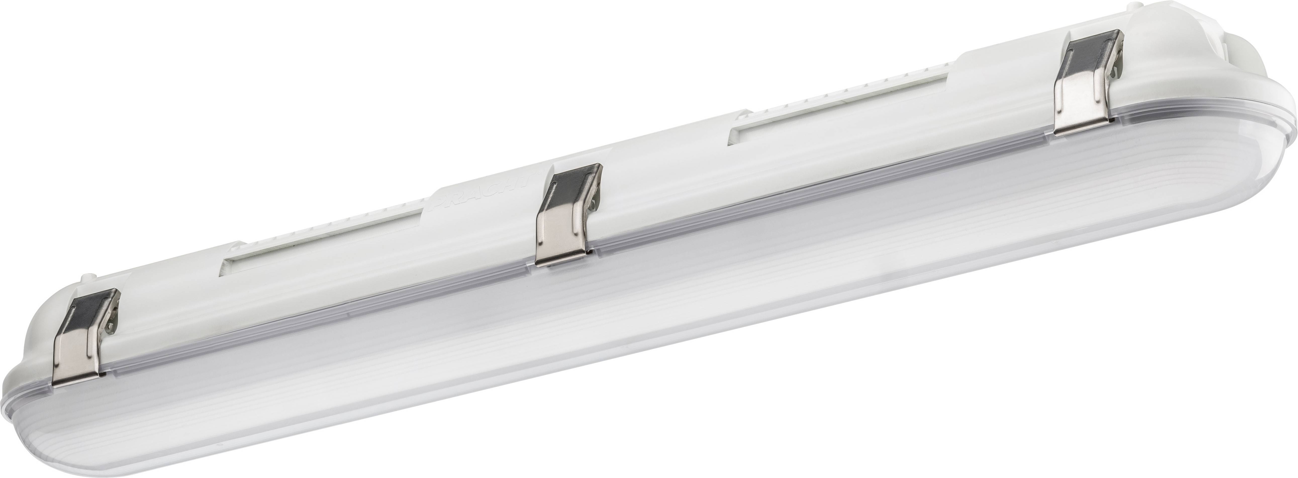 Längliche LED-Leuchte mit transparenter Abdeckung und Metallklammern. Geeignet für industrielle oder gewerbliche Beleuchtung.