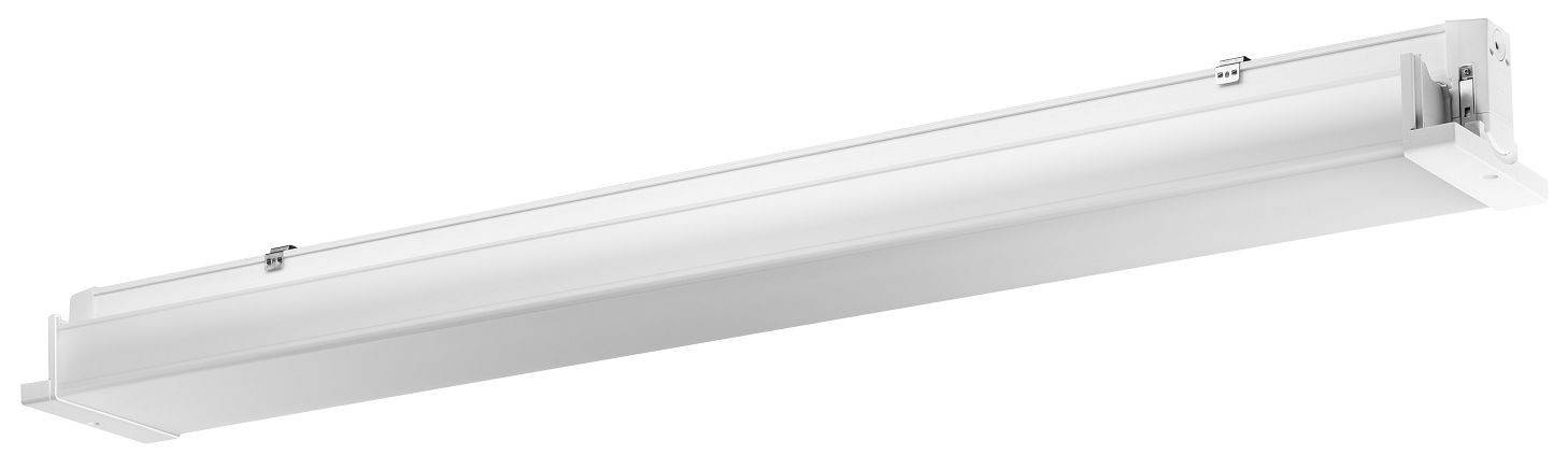 Weiße, rechteckige LED-Leuchte mit klaren Linien und Metallelementen. Geeignet für Deckenmontage in Büros oder industriellen Umgebungen.