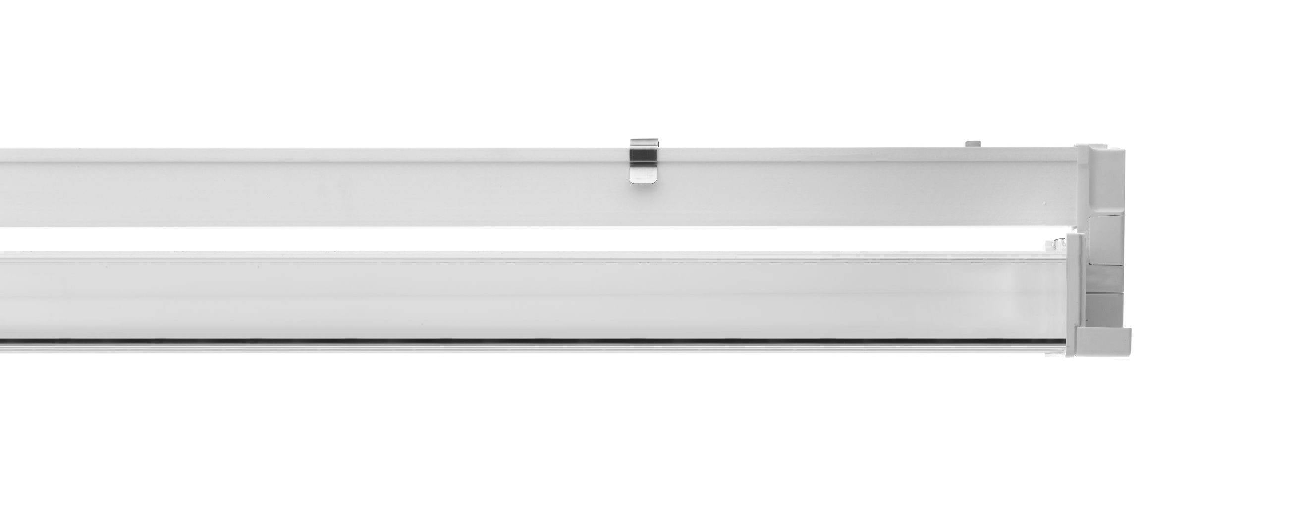 Weiße, rechteckige Leuchtstoffröhre mit metallischem Gehäuse, horizontal ausgerichtet. Keine weitere Hintergrundinformation.
