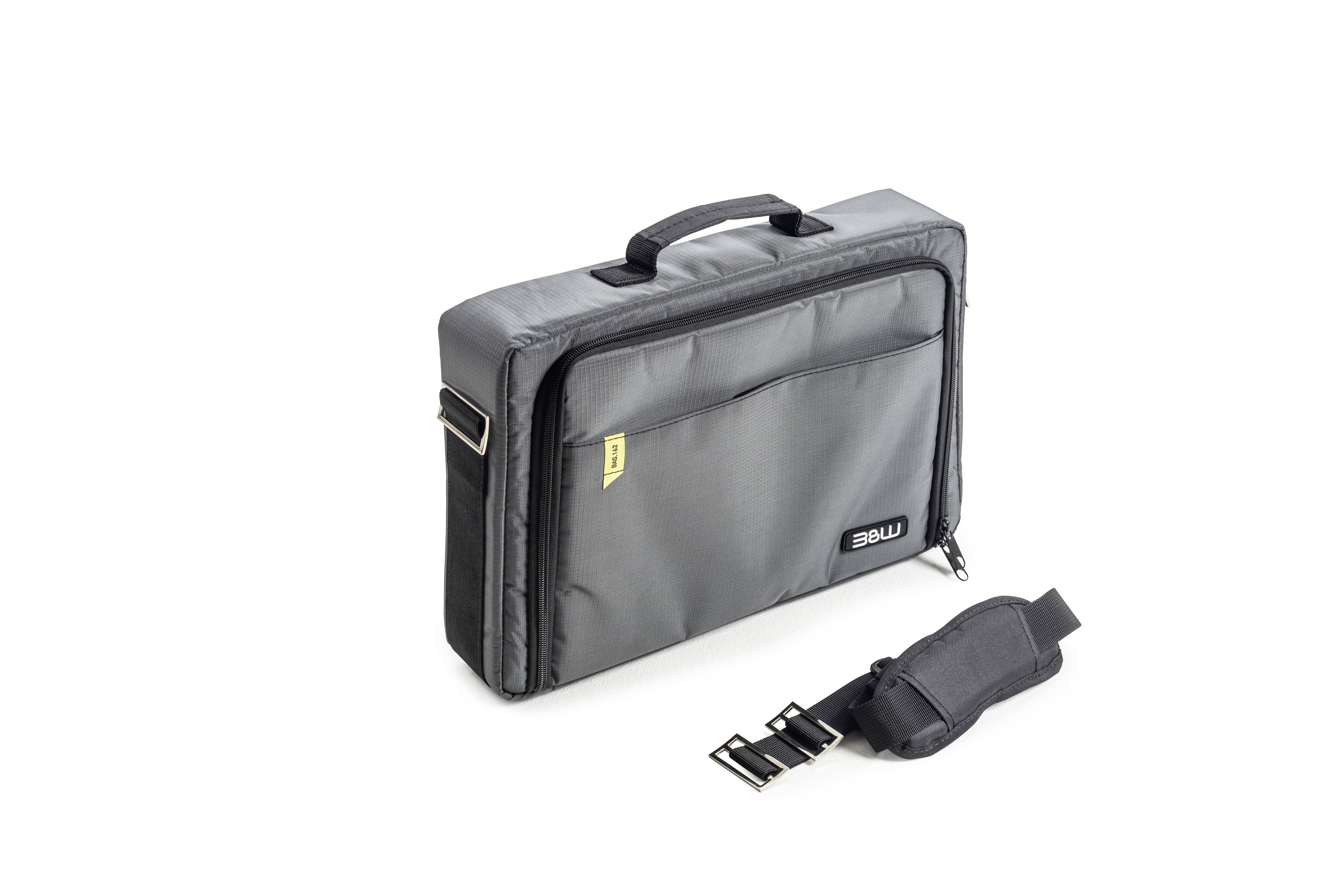 Graue Laptoptasche mit Tragegriff und abnehmbaren Schultergurt, große Fronttasche mit Reißverschluss, geeignet für den Schutz von Elektronikgeräten.